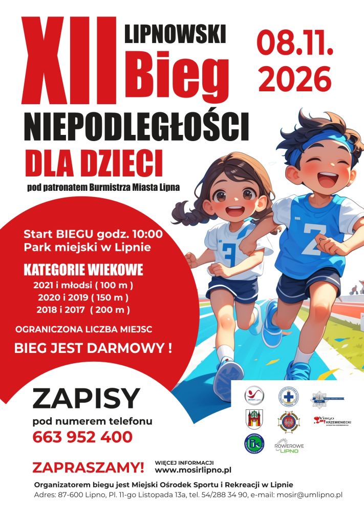 XII LIPNOWSKI BIEG NIEPODLEGŁOŚCI 08.11.2026- BIEGI DLA DZIECI
